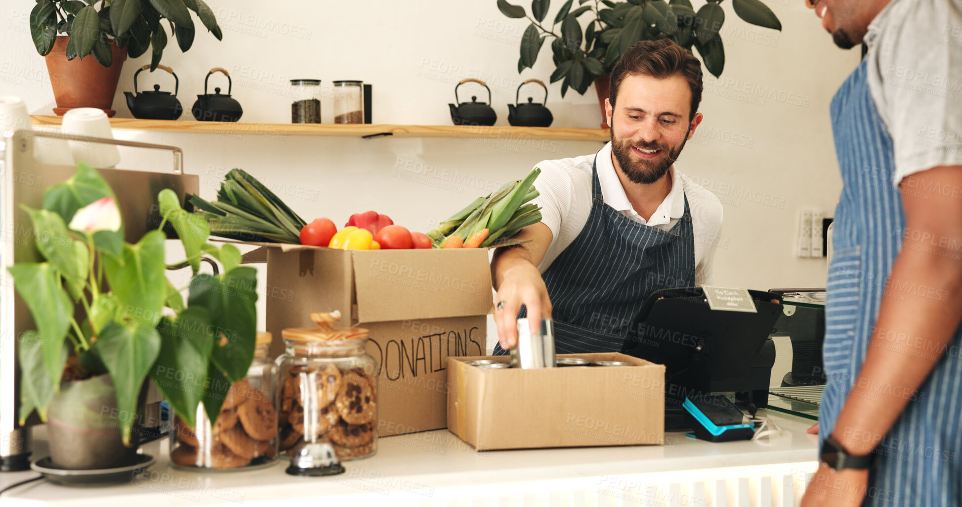 Buy stock photo Business, donate and men with cans, sorting and food distribution with community humanitarian. People, volunteer and teamwork with produce, cooperation and inventory with aid project, smile or relief