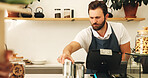 Business, man and waiter with food at cafe to check stock, inventory management and quality control. Male person, sorting and canned product for grocery checklist, supply chain and distribution order