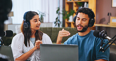 Buy stock photo Conversation, laptop and streaming with people in home living room for live broadcast or recording. Computer, microphone or podcast with content creator couple in apartment for subscription service