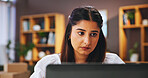 Laptop, woman and home for online remote work with thinking, research and internet for communication. House, reading email and entrepreneur resources for creative career, freelance and serious
