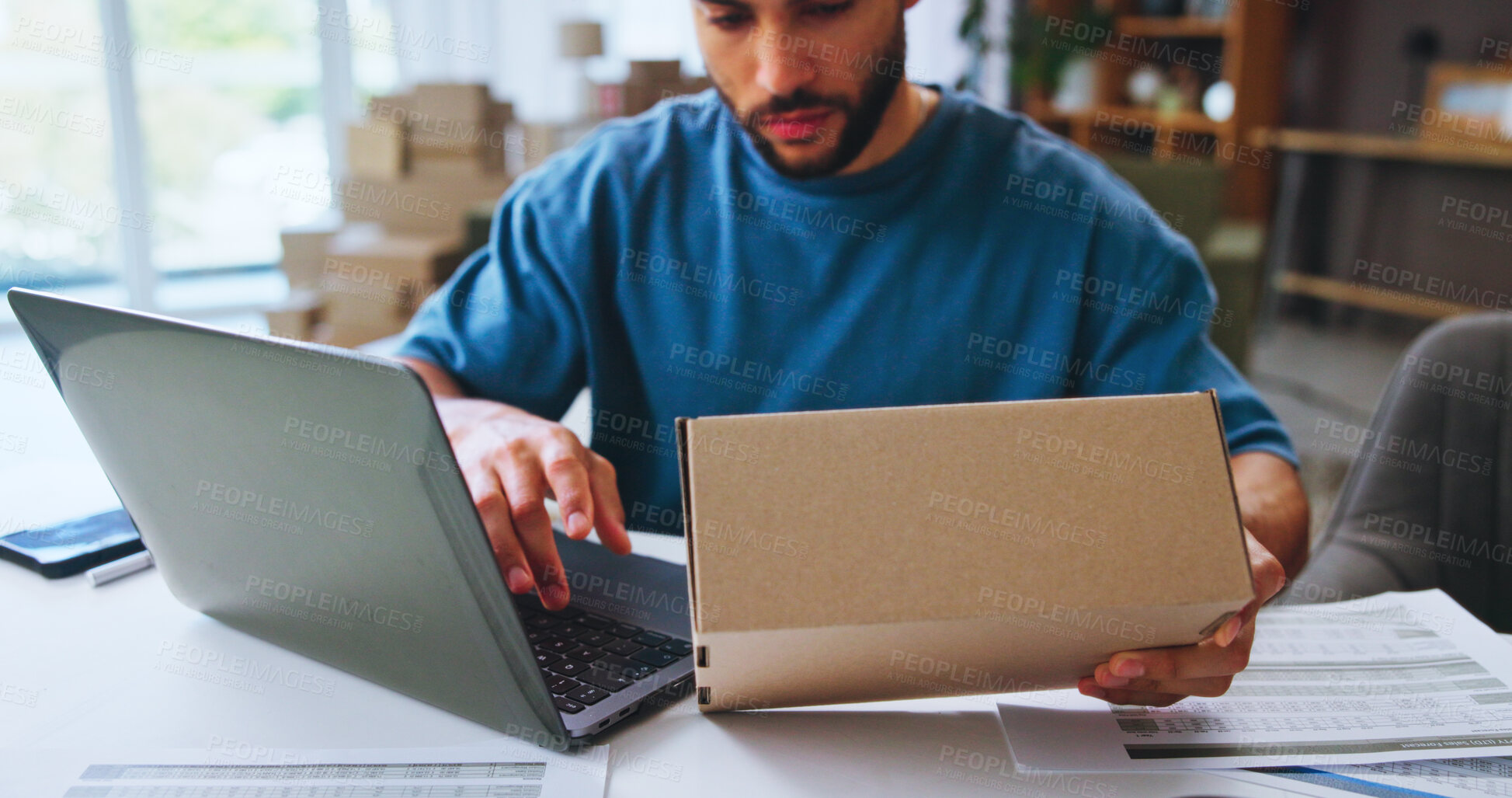 Buy stock photo Man, laptop and box with check for logistics, schedule delivery or pricing at home storage. Male person, distributor or small business supplier with computer, parcel or package for shipping checklist