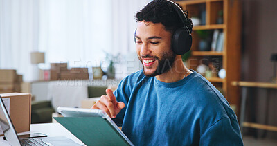 Buy stock photo Headphones, tablet and man for distribution startup with boxes, technology and internet for podcast. Home, merchandise and shipping information for online order, logistics and small business tips