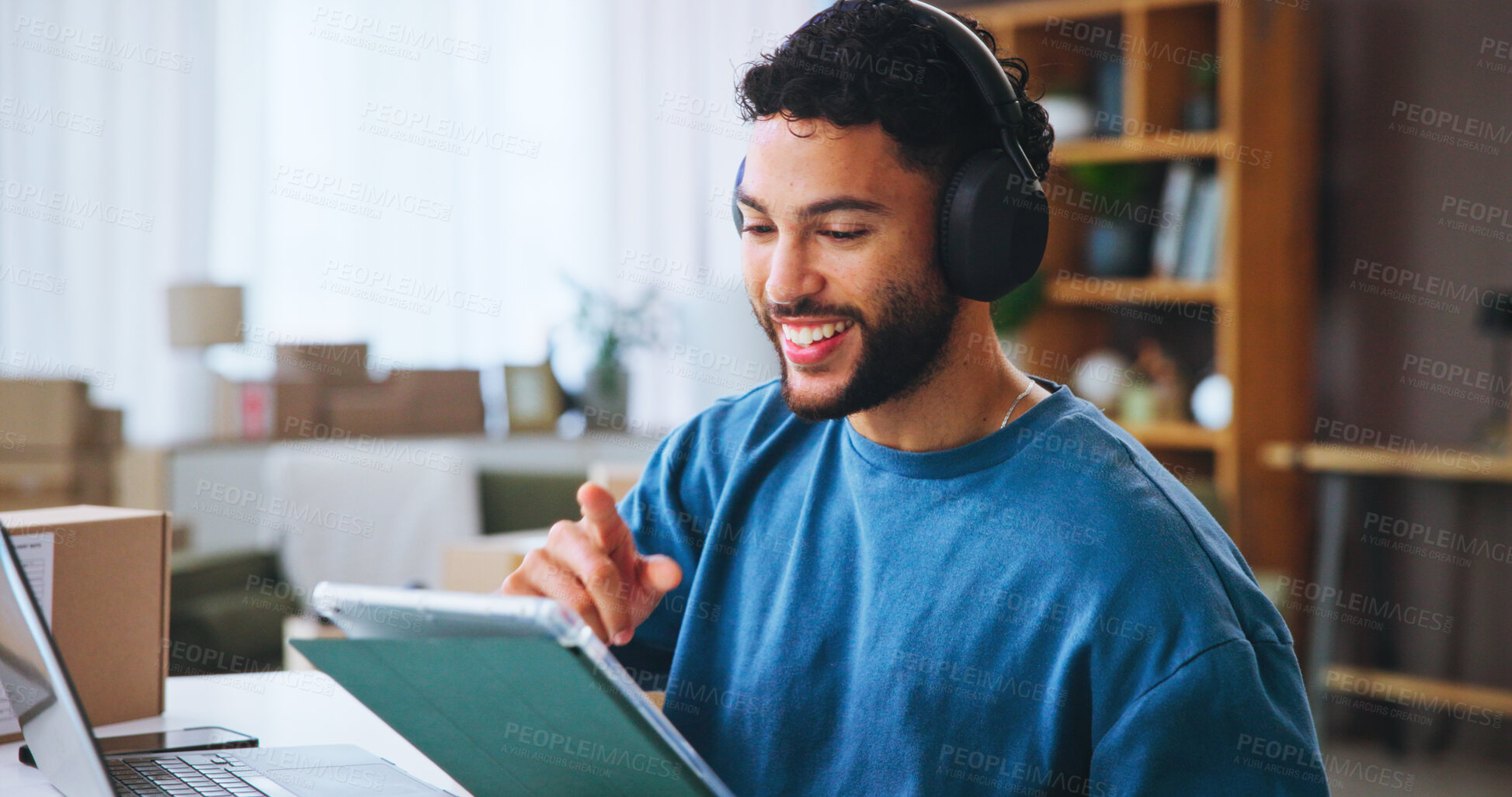 Buy stock photo Headphones, tablet and man for distribution startup with boxes, technology and internet for podcast. Home, merchandise and shipping information for online order, logistics and small business tips