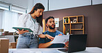 Business people, documents and laptop with conversation, boxes and feedback with logistics. Employees, startup company or coworking with pc, report for profit growth and review for taxes and talking
