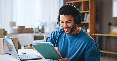 Buy stock photo Man, headphones and tablet for logistics startup with boxes, technology and internet for podcast. Home, checklist and shipping with online order, distribution and entrepreneur advice or tips