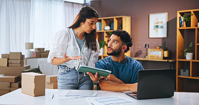 Buy stock photo Business people, tablet and laptop with conversation, boxes and supply chain with inventory. Employees, startup company or coworking with pc, report for profit growth and feedback with discussion