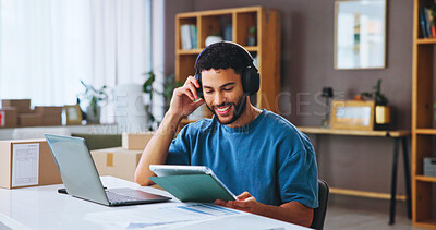 Buy stock photo Man, technology and headphones for distribution startup with boxes, tablet and internet for communication. Home, merchandise and shipping information for online order, logistics and small business