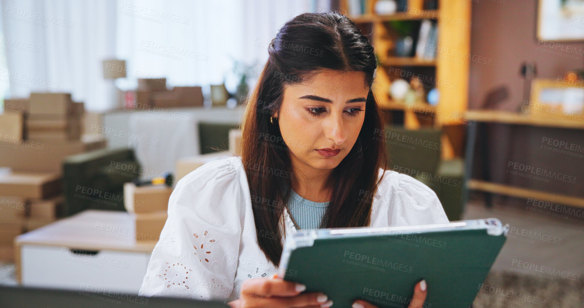 Buy stock photo Small business, digital and woman with tablet in home for package logistics, delivery tracking and online shop. Entrepreneur, owner and inventory app for order info, ecommerce and stock distribution