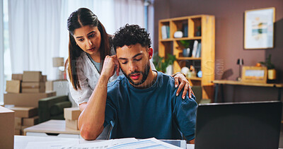 Buy stock photo Couple, laptop and stress for delivery, package mistake or lost order with stock, worry or faulty inventory. People, debt paperwork or supply with damage, small business or distribution error in home