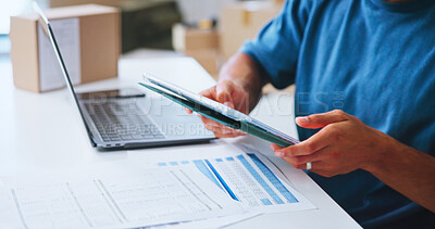 Buy stock photo Small business, office and person with tablet, boxes or planning for distribution of order or ecommerce. Closeup, entrepreneur and tech for dropshipping with documents, hands or stock for online shop