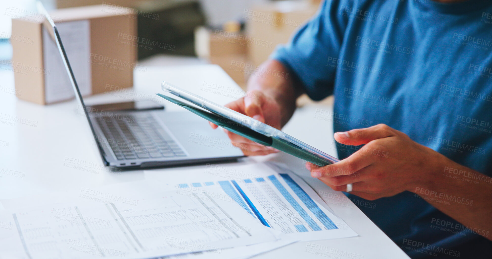 Buy stock photo Small business, office and person with tablet, boxes or planning for distribution of order or ecommerce. Closeup, entrepreneur and tech for dropshipping with documents, hands or stock for online shop