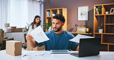 Buy stock photo Business people, remote work from home and documents with laptop, supply chain and check inventory. Merchandise, woman and man with report for order, ecommerce and paperwork for budget and computer