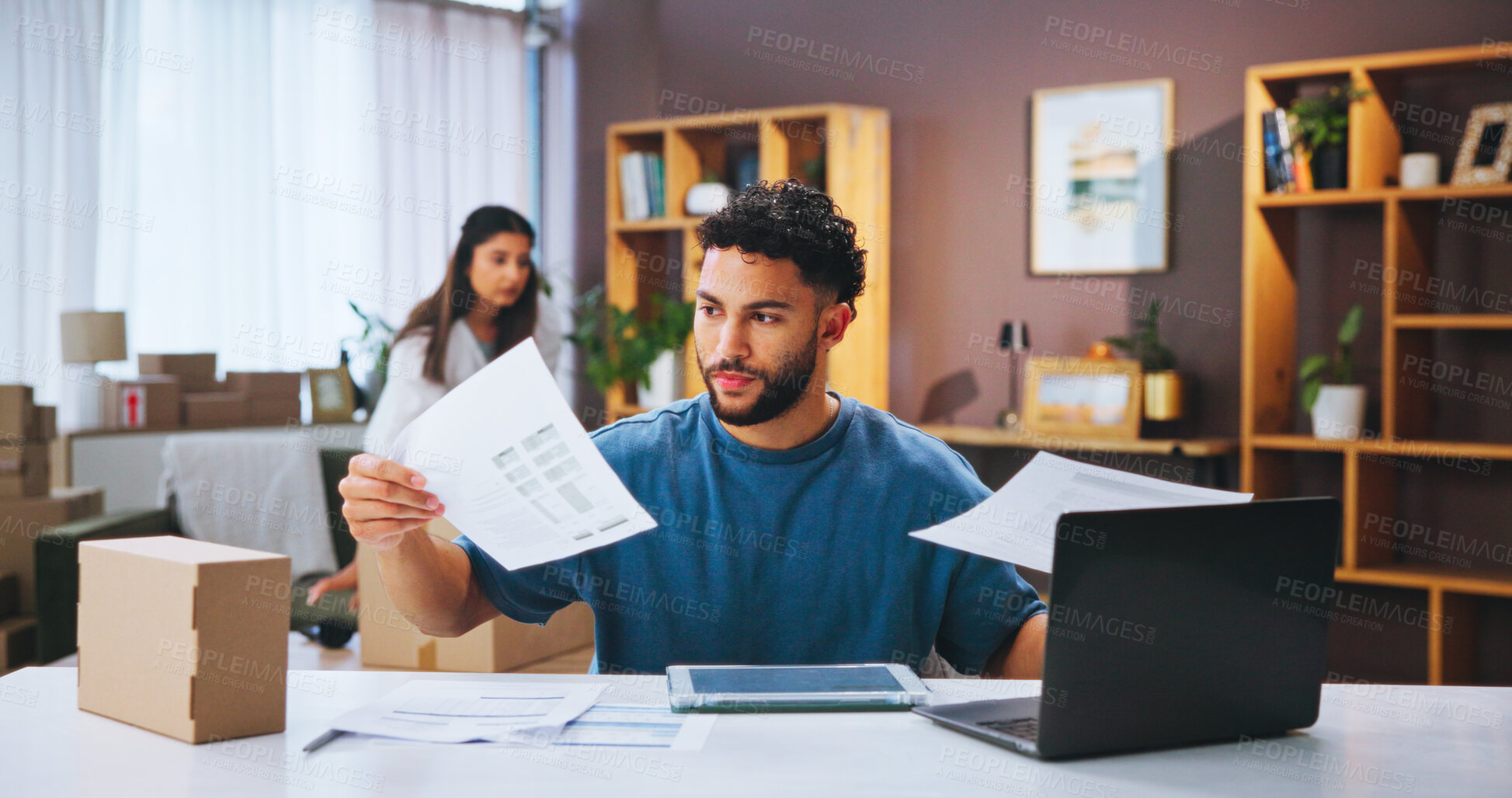 Buy stock photo Business people, remote work from home and documents with laptop, supply chain and check inventory. Merchandise, woman and man with report for order, ecommerce and paperwork for budget and computer