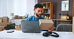 Man, laptop and box with logistics for small business distribution, schedule delivery or pricing at home. Male person, distributor or supplier with computer, parcel or package for shipping service