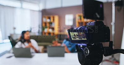 Buy stock photo Camera, podcast and streaming with people in home living room for live broadcast or recording. Content creation, conversation or review with man and woman influencer in apartment for social media