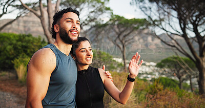Buy stock photo Fitness, hug and thinking with couple outdoor together for cardio, health or sports training. Exercise, love or planning with man and woman embracing in forest for challenge, performance or workout