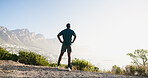 Relax, workout and back of man in nature for mockup space, thinking and health. Fitness, runner and reflection with person and training with mountain view for sports athlete, marathon and exercise