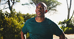 Calm, black man or breathing with fitness in nature for break, rest or recovery on mountain trail. Active, male person or African runner in relax or thinking for workout, exercise or outdoor training