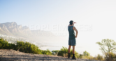 Buy stock photo View, runner and back of man in nature and relax for mockup space, thinking and health. Fitness, workout and reflection with person and training with mountain for sports athlete, scenery or exercise