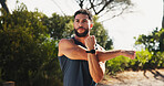 Man, fitness and stretching with arm in forest for workout preparation, exercise or outdoor training. Active, male person or thinking with warm up for flexibility, balance or challenge on mountain
