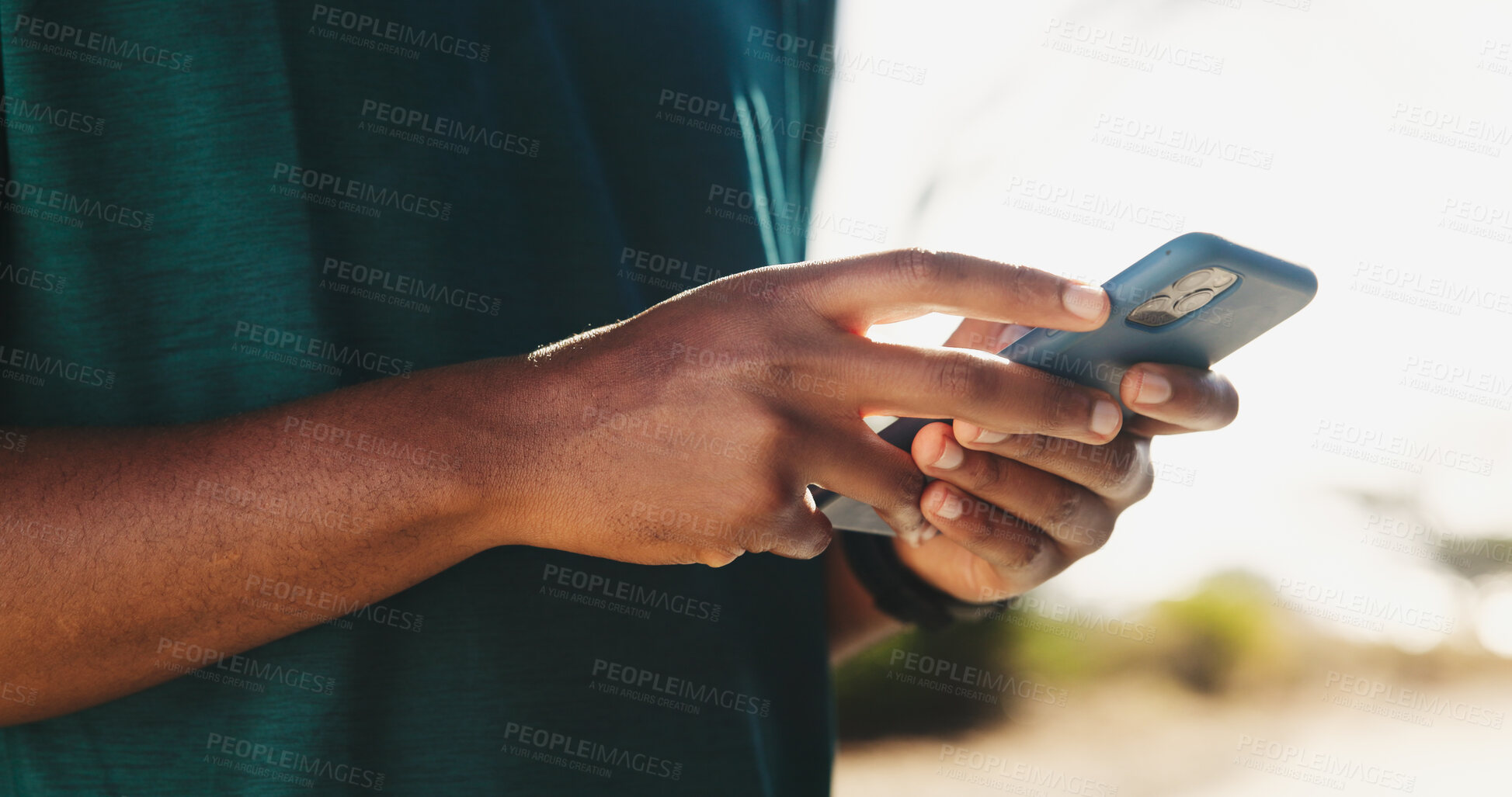 Buy stock photo Outdoor, online and hands with smartphone, fitness and planning for workout on app, closeup and nature. Browsing, athlete and tracking performance on website, tech and person with mobile for exercise