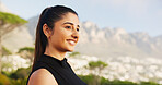 Smile, fitness and girl with thinking outdoor for running break, mountain view or resting in nature. Space, relax and runner with scenery for marathon exercise, workout performance or cardio training