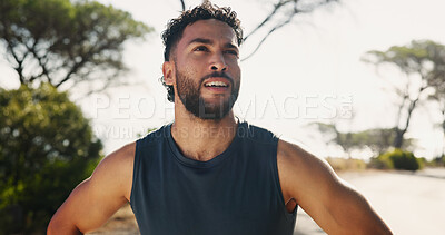 Buy stock photo Outdoor, man and tired with thinking for fitness, running challenge and fatigue with breathing. Nature, male person and runner with resting for exercise, cardio and exhausted with thoughts on break