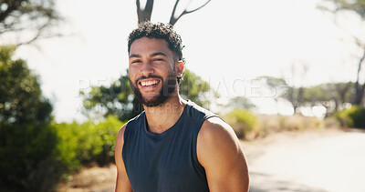Buy stock photo Happy man, portrait and nature with fitness on mountain for workout, exercise or health and wellness. Face, male person or active runner with smile for cardio or outdoor training for sport or run