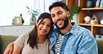 Home, hug and couple on sofa, portrait and bonding together with comfort in lounge. Embrace, apartment and man with woman, relax and love with romance, relationship and happiness with marriage