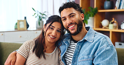 Buy stock photo Home, hug and couple on sofa, portrait and bonding together with comfort in lounge. Embrace, apartment and man with woman, relax and love with romance, relationship and happiness with marriage
