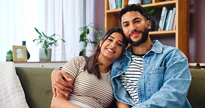 Buy stock photo Home, relax and couple with portrait, hug and bonding together with relationship. Embrace, apartment and man with woman, calm and resting with romance, love and marriage with happiness in lounge