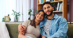 Home, relax and couple with portrait, hug and bonding together with relationship. Embrace, apartment and man with woman, calm and resting with romance, love and marriage with happiness in lounge