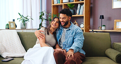 Buy stock photo Home, relax and couple on sofa, love and bonding together with weekend break in lounge. Embrace, apartment and man with woman, calm and resting with romance, relationship and happiness with marriage