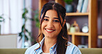 Portrait, woman and relax with smile in home for weekend break, peaceful and resting in apartment. Living room, person and happy in home for day off, calm and comfortable with confidence or positive