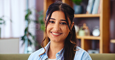 Buy stock photo Portrait, woman and relax with smile in home for weekend break, peaceful and resting in apartment. Living room, person and happy in house for day off, calm and comfortable with confidence or positive