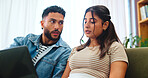 Conversation, laptop and couple on sofa in home for choice with online shopping, internet store and website. Dating, relationship and man with woman on computer for digital banking in living room