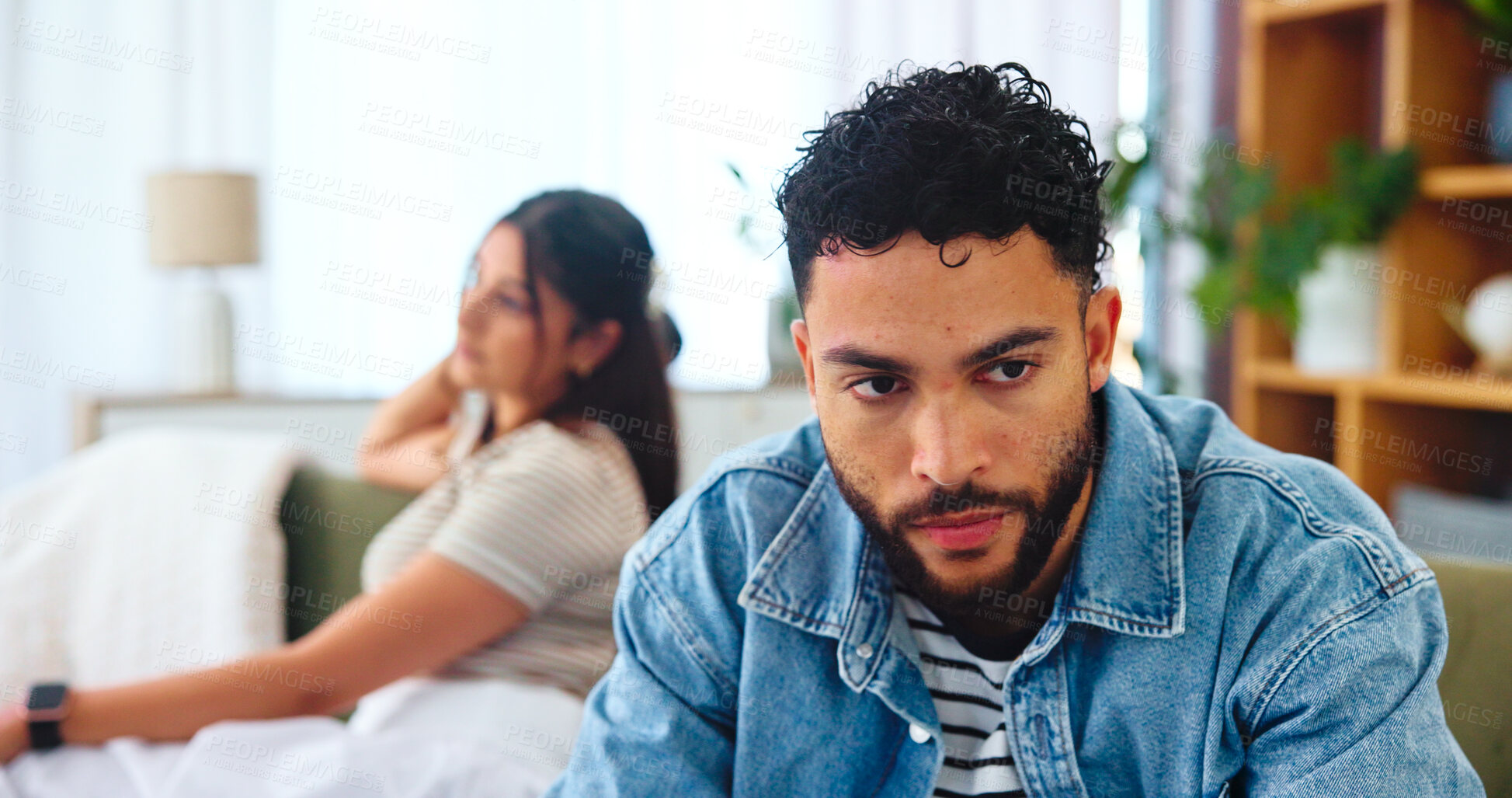 Buy stock photo Thinking, man and couple with argument, home or miscommunication for people in relationship. Conflict, contemplating and newlyweds with tension, house and mad for controlling behaviour in marriage