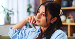  Thinking, woman and relax with memory in home for break, planning and nostalgia for daydreaming. Inspiration, person and bored girl resting on sofa for reflection, wellness and comfort in lounge