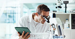 Man, microscope and tablet for research in lab for medical study with container, review and vaccine development. Person, digital touchscreen and app for chemical analysis with pharmaceutical drugs