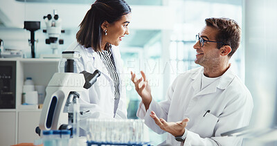Buy stock photo Talking, scientists or people in lab with results, research or medical experiment for cancer treatment. Advice, biology or teamwork with science report, test or sample with dna, particles or bacteria