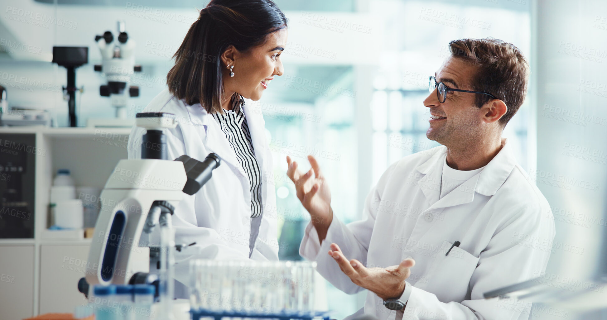 Buy stock photo Talking, scientists or people in lab with results, research or medical experiment for cancer treatment. Advice, biology or teamwork with science report, test or sample with dna, particles or bacteria