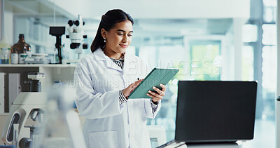Buy stock photo Tablet, woman and scientist in laboratory for experiment on healthcare innovation with biomedical engineering. Science, digital technology and female chemist working on pharmaceutical immunotherapies