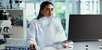 Biology, Indian woman or scientist on laptop in lab for chemical experiment, report or medical technology. Research, study or chemist with development, pharmaceutical project or healthcare innovation