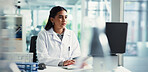 Physics, Indian woman or scientist on laptop in lab for chemical experiment, report or medical technology. Research, study or chemist with development, pharmaceutical project or healthcare innovation