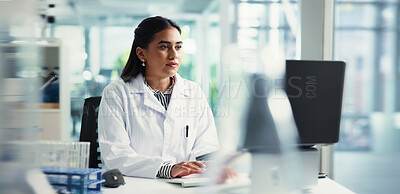 Buy stock photo Physics, Indian woman or scientist on laptop in lab for chemical experiment, report or medical technology. Research, study or chemist with development, pharmaceutical project or healthcare innovation