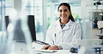 Typing, woman and portrait of scientist in laboratory for chemical experiment with technology. Professional, research and medicinal chemist with pharmaceutical project for healthcare innovation.