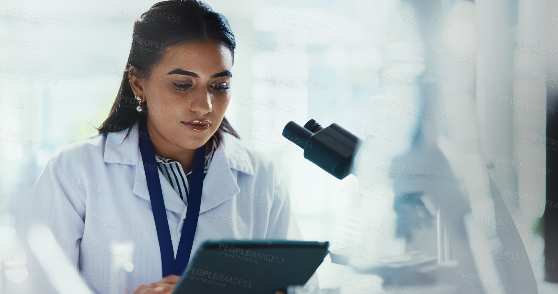 Buy stock photo Scientist, woman and tablet with microscope for chemistry, testing and medical research. Biotech, laboratory and analysis with data inspection for pharmaceutical or pathology experiment checklist