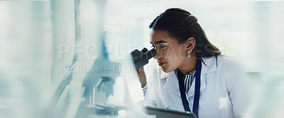 Buy stock photo Scientist, woman and tablet with microscope for forensic, testing and medical research. Pathology, laboratory and analysis with data inspection for pharmaceutical or chemistry experiment checklist