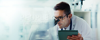 Buy stock photo Research, tablet or man in lab with microscope, vaccine test or medical experiment for cancer treatment. Biotech, space or scientist with science results, study or sample with cure, banner or mockup