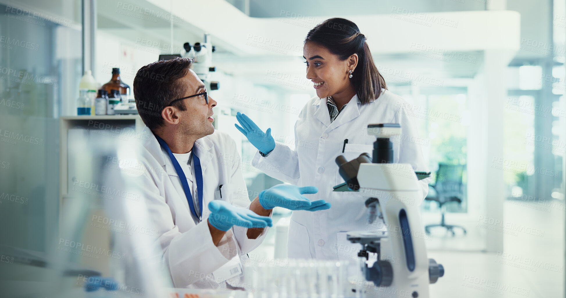 Buy stock photo Scientist, woman and man excited for testing, microscope and medical research. Pathology, laboratory and assistant with report success for pharmaceutical or biotech experiment for breakthrough
